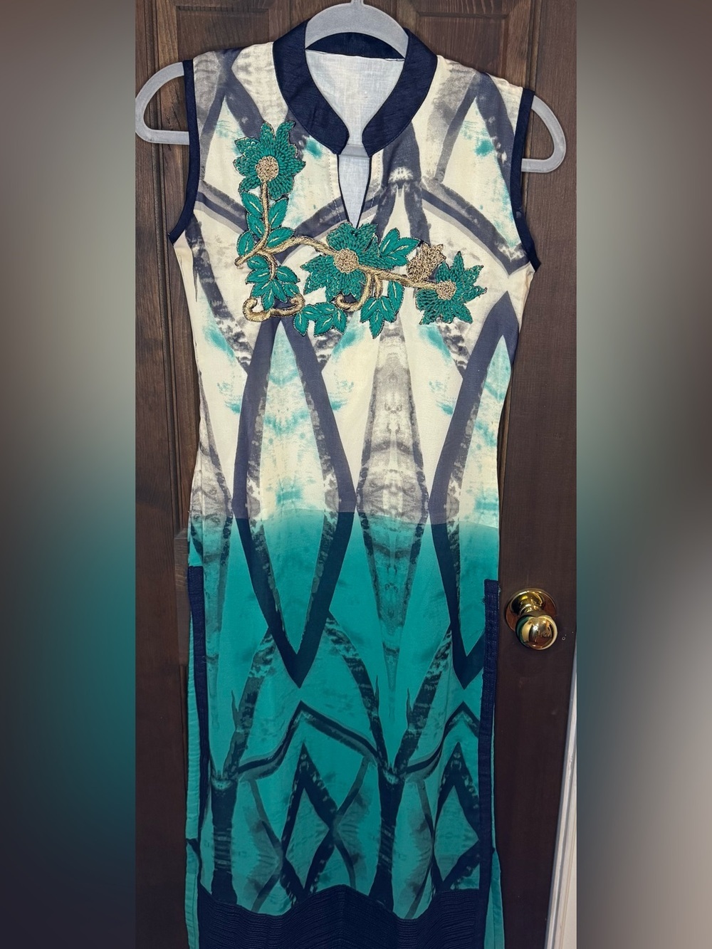 Handmade Teal Ombre Kurti 2pc Set Chiffon Dupatta Bead Floral Tunic Small 47"
